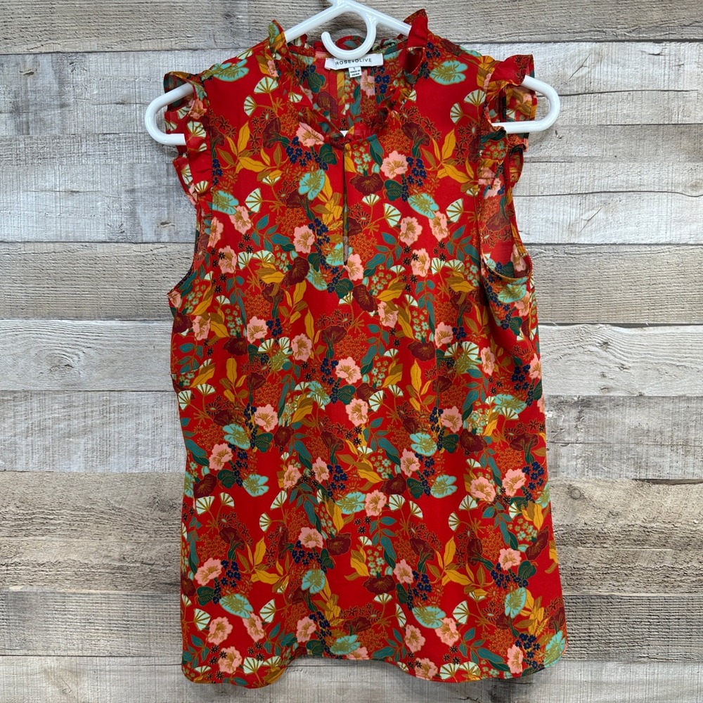 Rose + Olive Womens Red Floral Sleeveless Ruffle Collar Keyhole Blouse Large